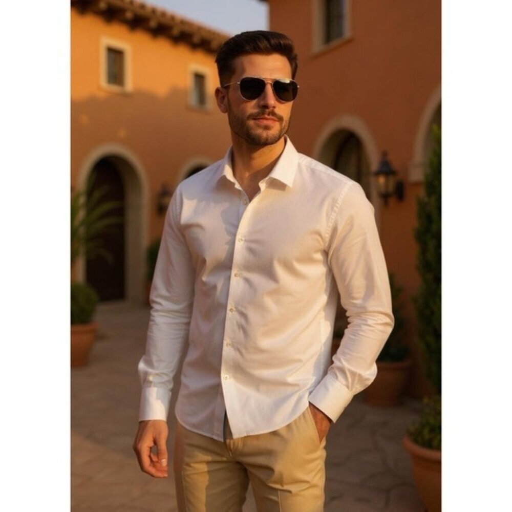 HAMMER MADE Men's Shirt 44/17.5 White Long‎ Sleeve Cotton Placid